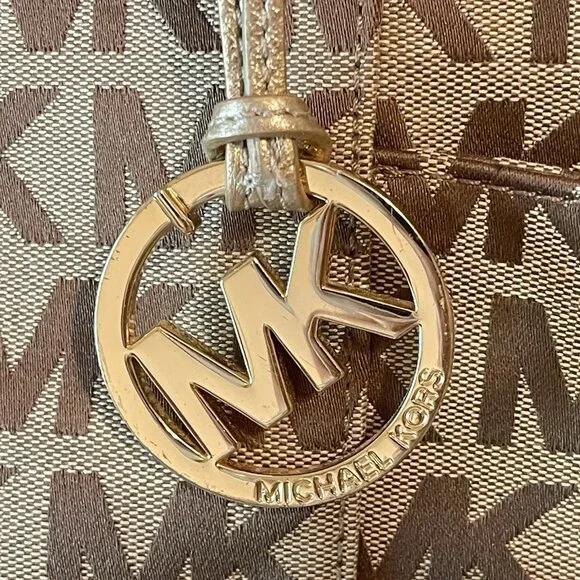 Michael Kors Jet Set Signature Logo Tote Handbag Large Brown Side Pockets - Picture 8 of 16